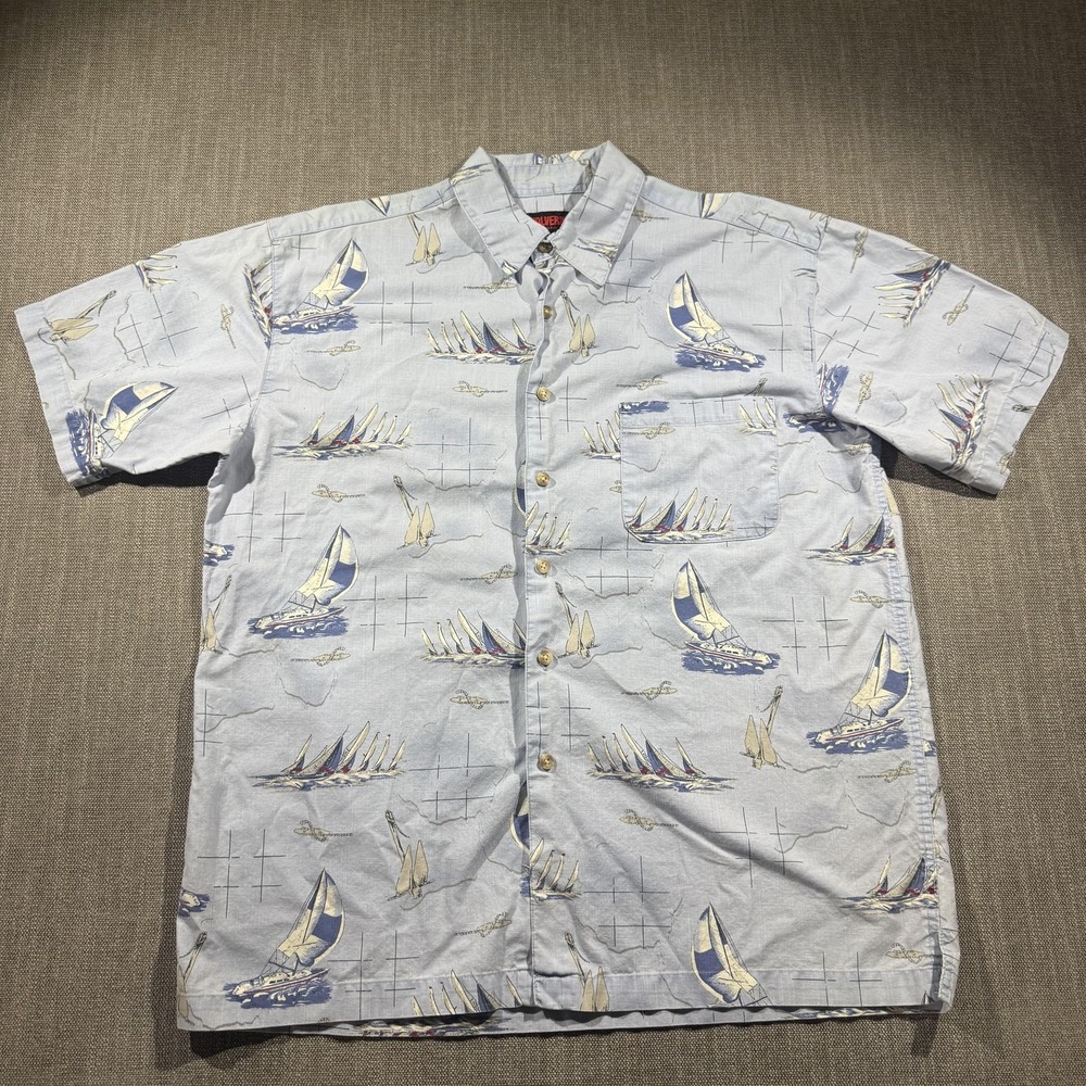 Wolverine‎ Shirt Mens Large Blue Sailing Boat Print Short Sleeve Button Up
